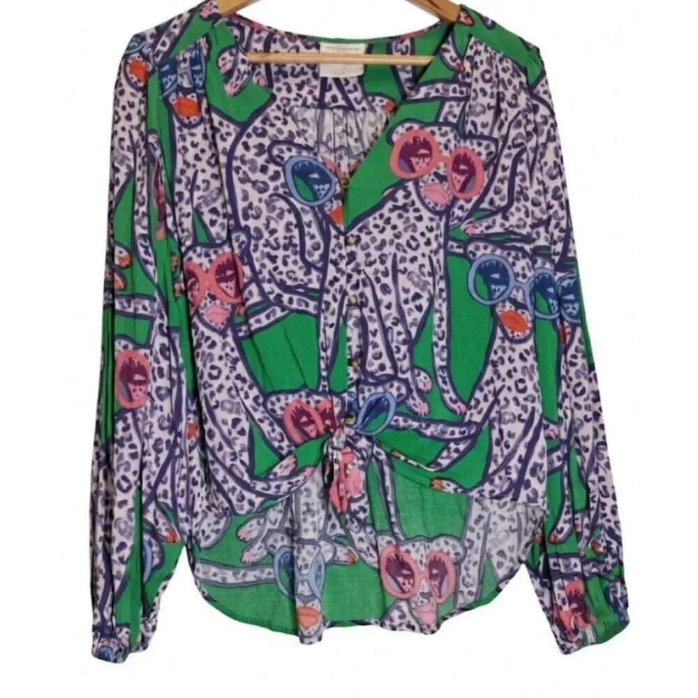 Anthropologie Kendra dandy womens small top animal print tie blouse kelly green